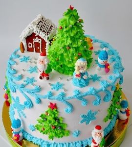 Новогодний торт с елкой и домиком