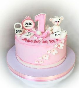 Торт на 1 год розовый с мишуткой №211849