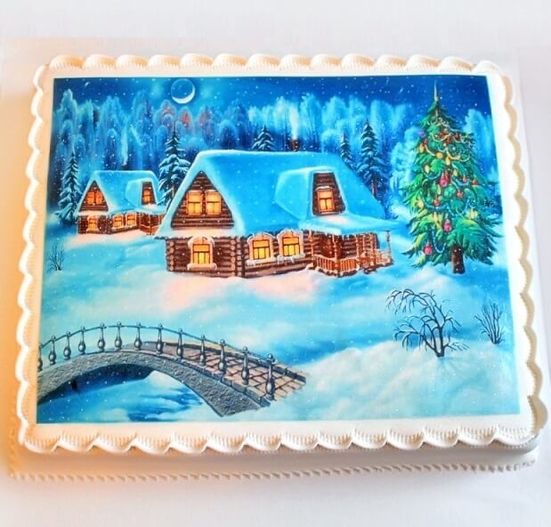 Торт новогодний корпоративный с зимним пейзажем
