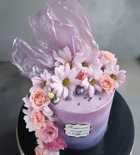 Торт розово-фиолетовый с цветами №165202