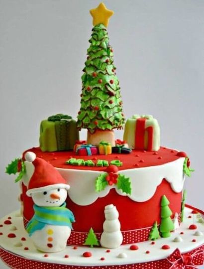 Торт с подарками елкой и снеговиком
