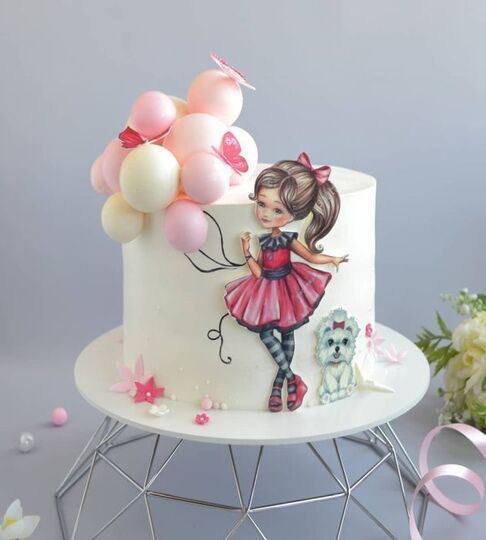 Торт с девочкой с шарами в платье №143301