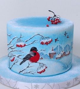 Торт со снегирем на ветке и картинкой