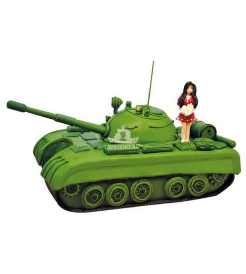 Торт на 23 февраля с девушкой и цветами на танке